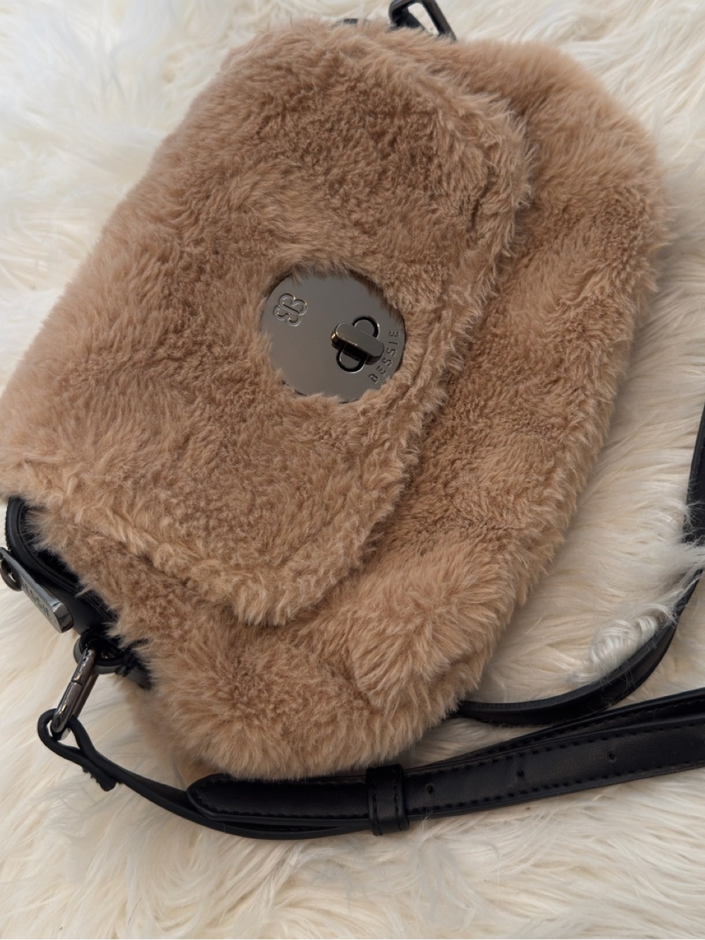 BESSI Brand Faux Shearling Crossbody Bag in Camel with Turn-Lock Detail